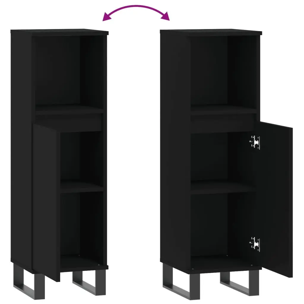Black Bathroom Cabinet with Door and Shelf 30x30x100 cm Engineered Wood Storage Unit