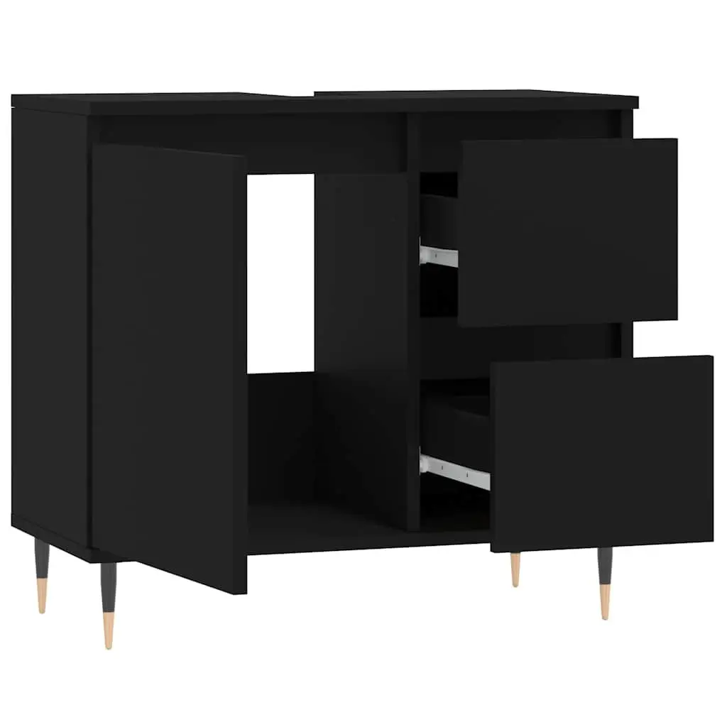 Bathroom Cabinet Black Engineered Wood Storage Unit with Drawers and Door 65 x 33 x 60 cm