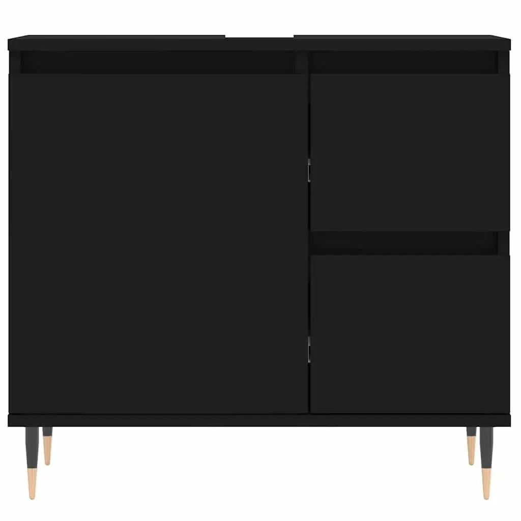 Bathroom Cabinet Black Engineered Wood Storage Unit with Drawers and Door 65 x 33 x 60 cm