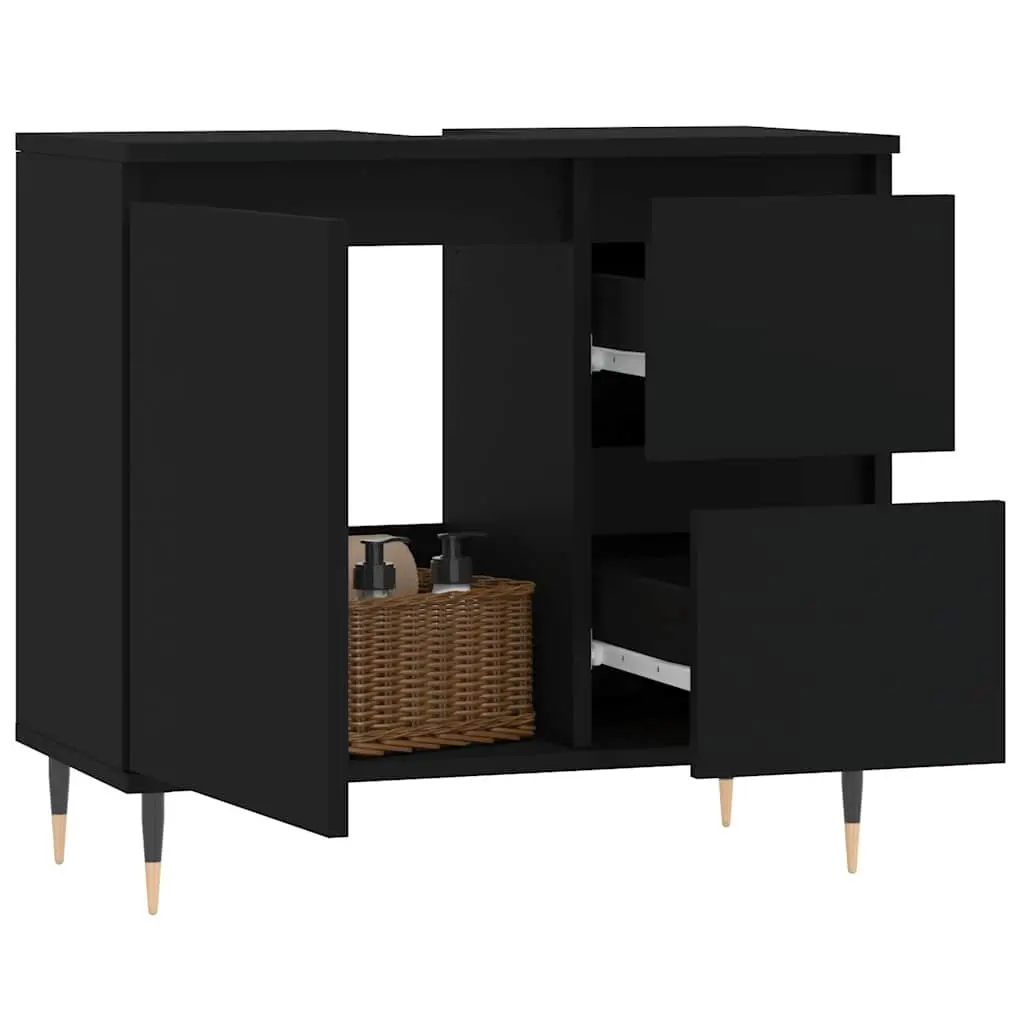 Bathroom Cabinet Black Engineered Wood Storage Unit with Drawers and Door 65 x 33 x 60 cm