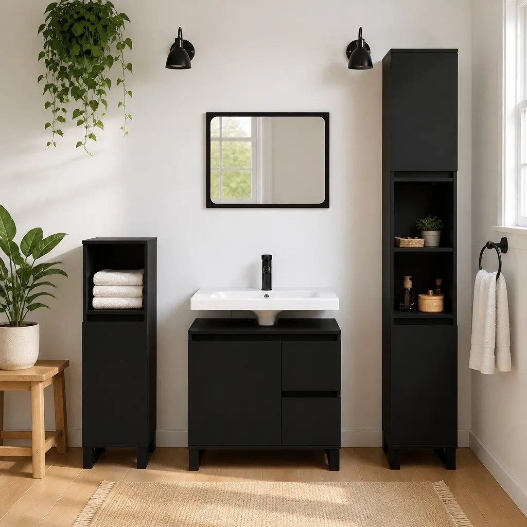 Bathroom Cabinet Black 65x33x60 cm Storage Furniture with Door Drawers