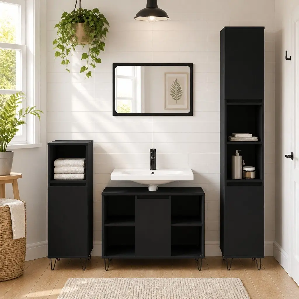 Bathroom Storage Cabinet Black Engineered Wood 80x33x60 cm Vanity Unit with Door and Shelves