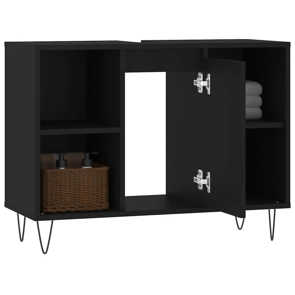 Bathroom Storage Cabinet Black Engineered Wood 80x33x60 cm Vanity Unit with Door and Shelves