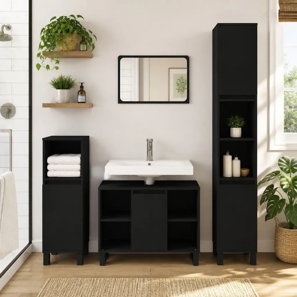 Engineered Wood Bathroom Storage Cabinet Black 80x33x60cm with Door and Shelves