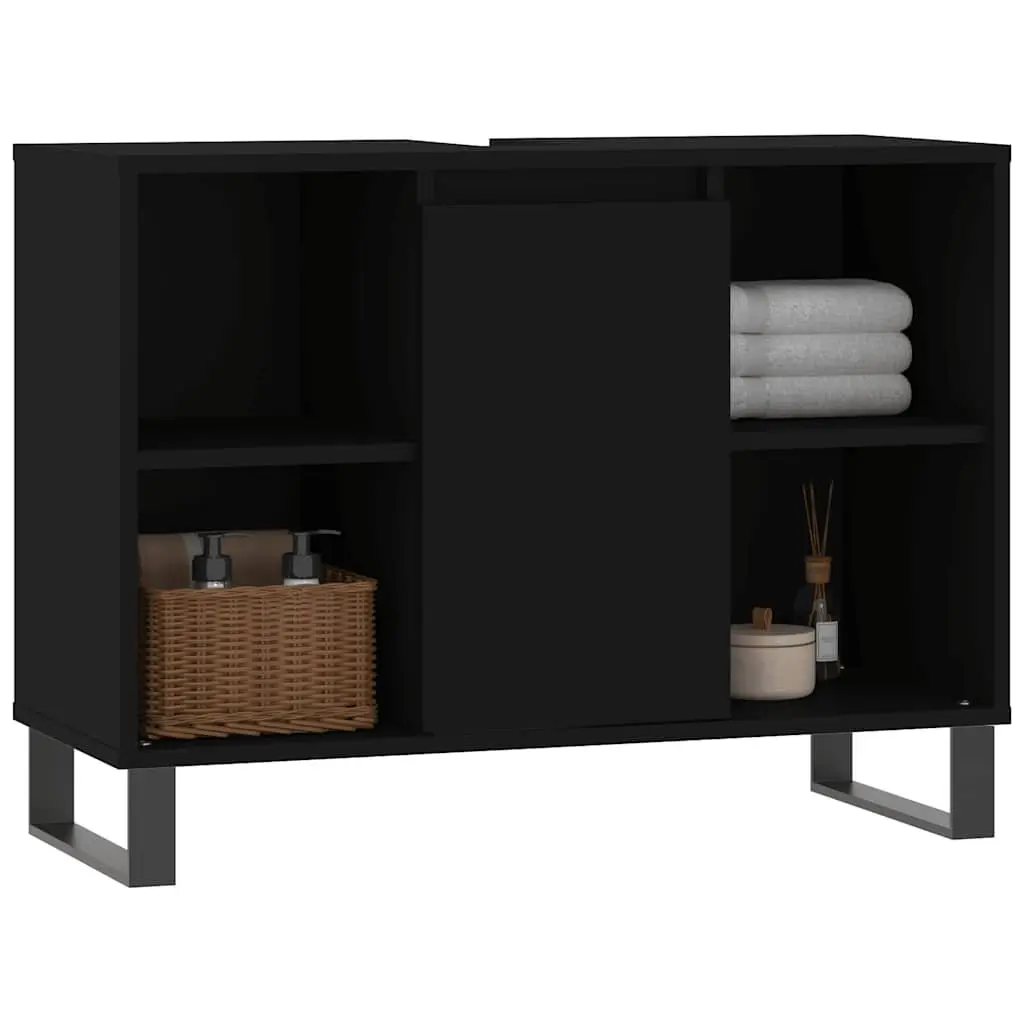 Engineered Wood Bathroom Storage Cabinet Black 80x33x60cm with Door and Shelves