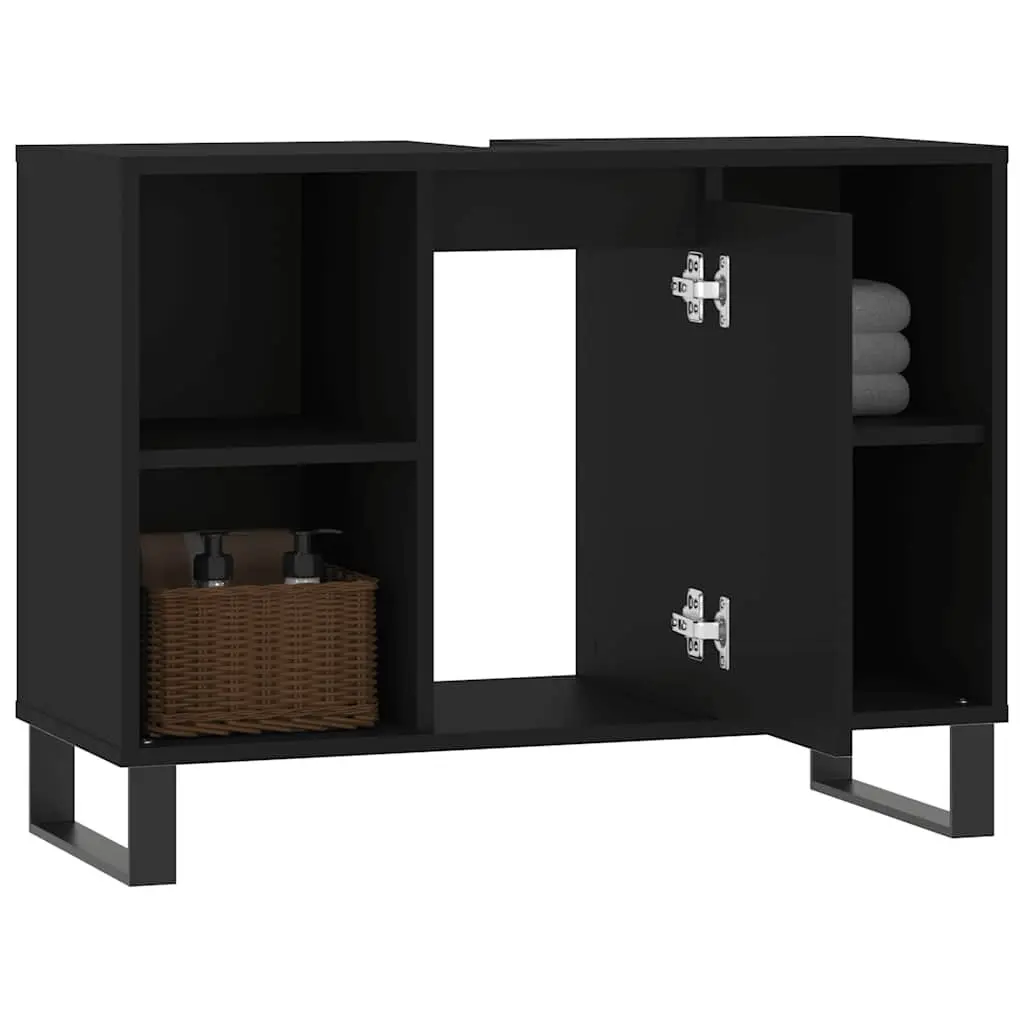 Engineered Wood Bathroom Storage Cabinet Black 80x33x60cm with Door and Shelves