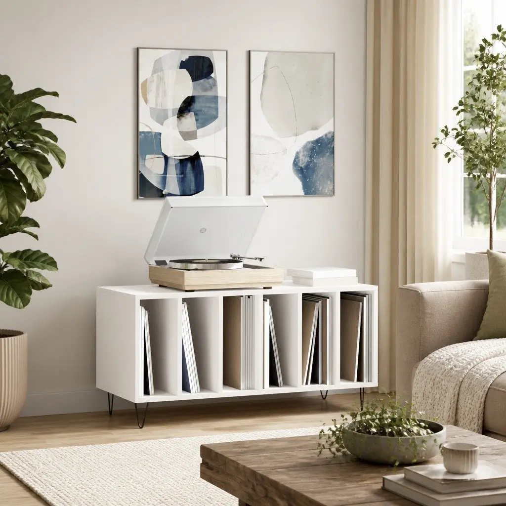 Record Cabinet White Engineered Wood Vinyl LP Display Unit 100 x 38 x 48 cm