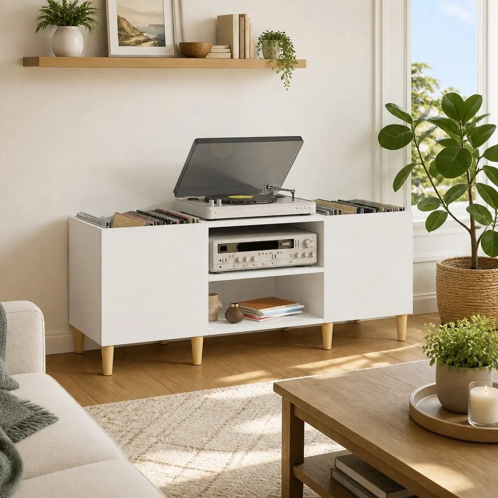 Record Storage Cabinet White Engineered Wood 121x38x48cm
