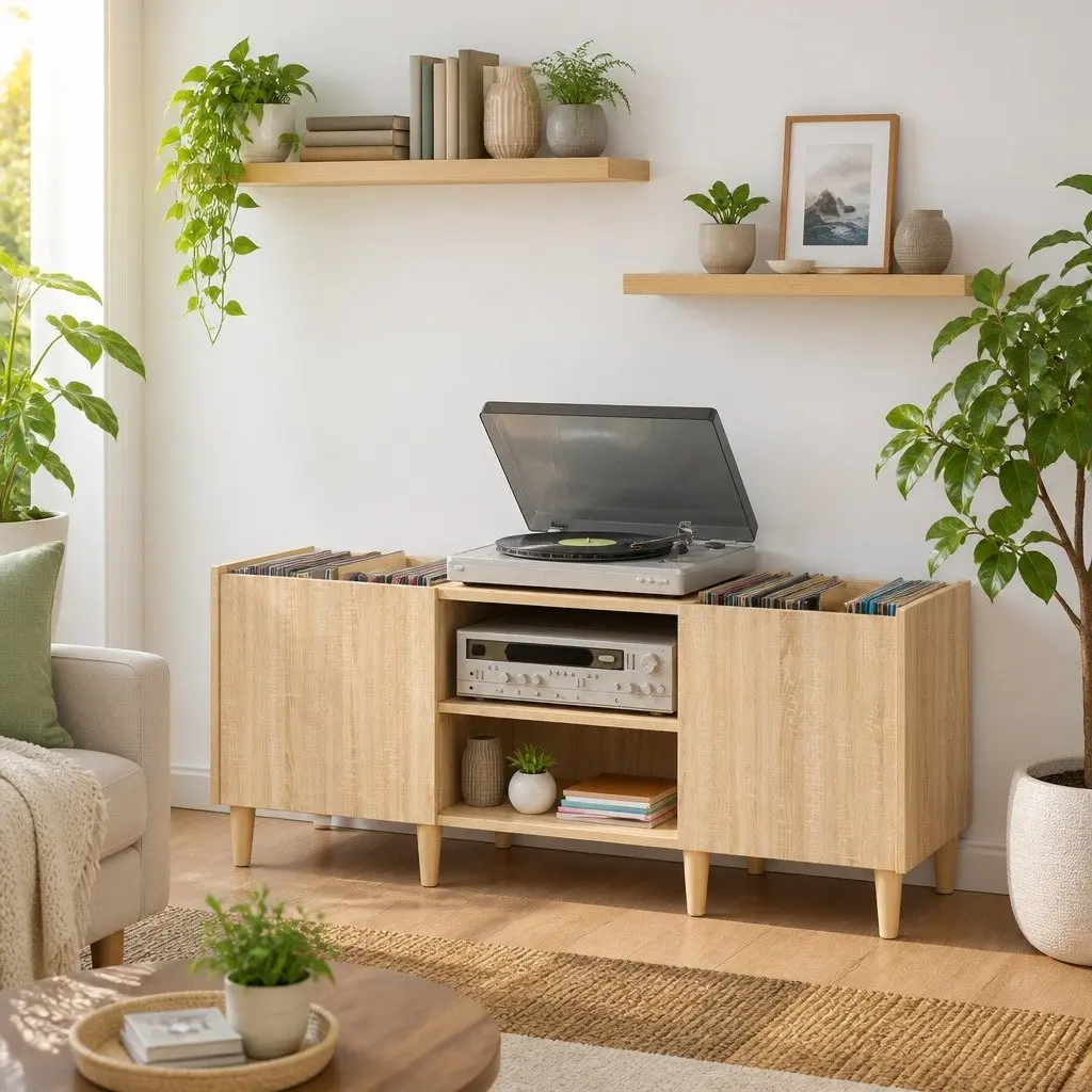 Record Cabinet Sonoma Oak Brown Storage Vinyl LP Organizer Media Furniture