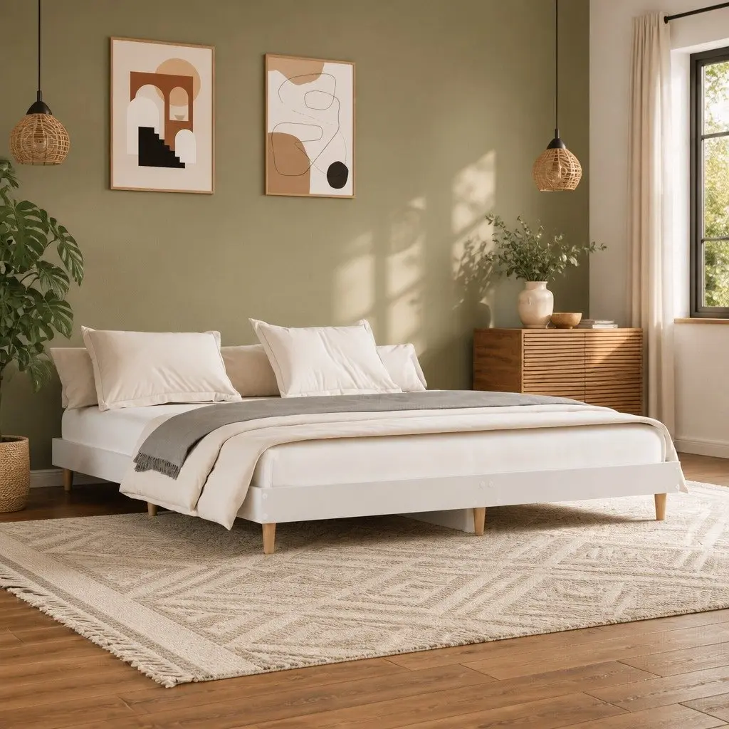 King Bed Frame White Engineered Wood 183x203cm Platform Bedroom Furniture