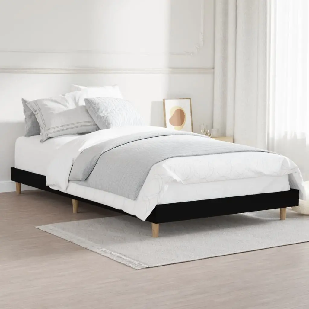 Bed Frame Black Engineered Wood 90x190 cm Wooden Legs Slats