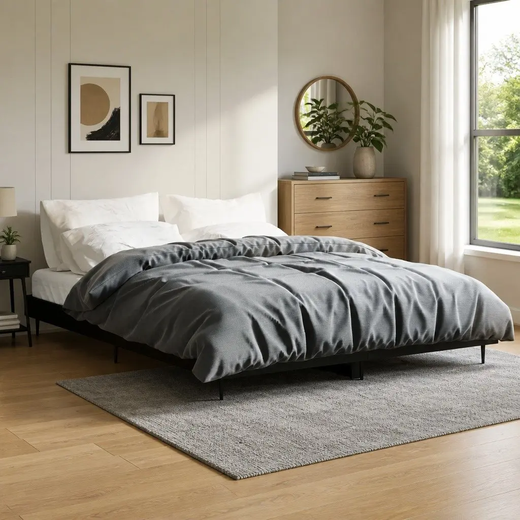 Bed Frame Black Engineered Wood 135x190 cm Slatted Base Metal Legs