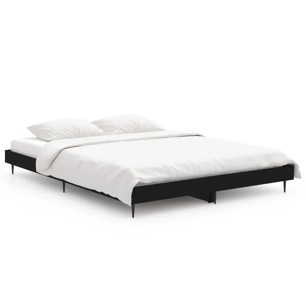 Bed Frame Black Engineered Wood 135x190 cm Slatted Base Metal Legs