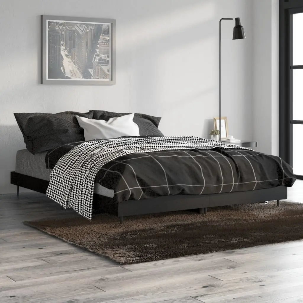 Bed Frame Black Engineered Wood 135x190 cm Slatted Base Metal Legs