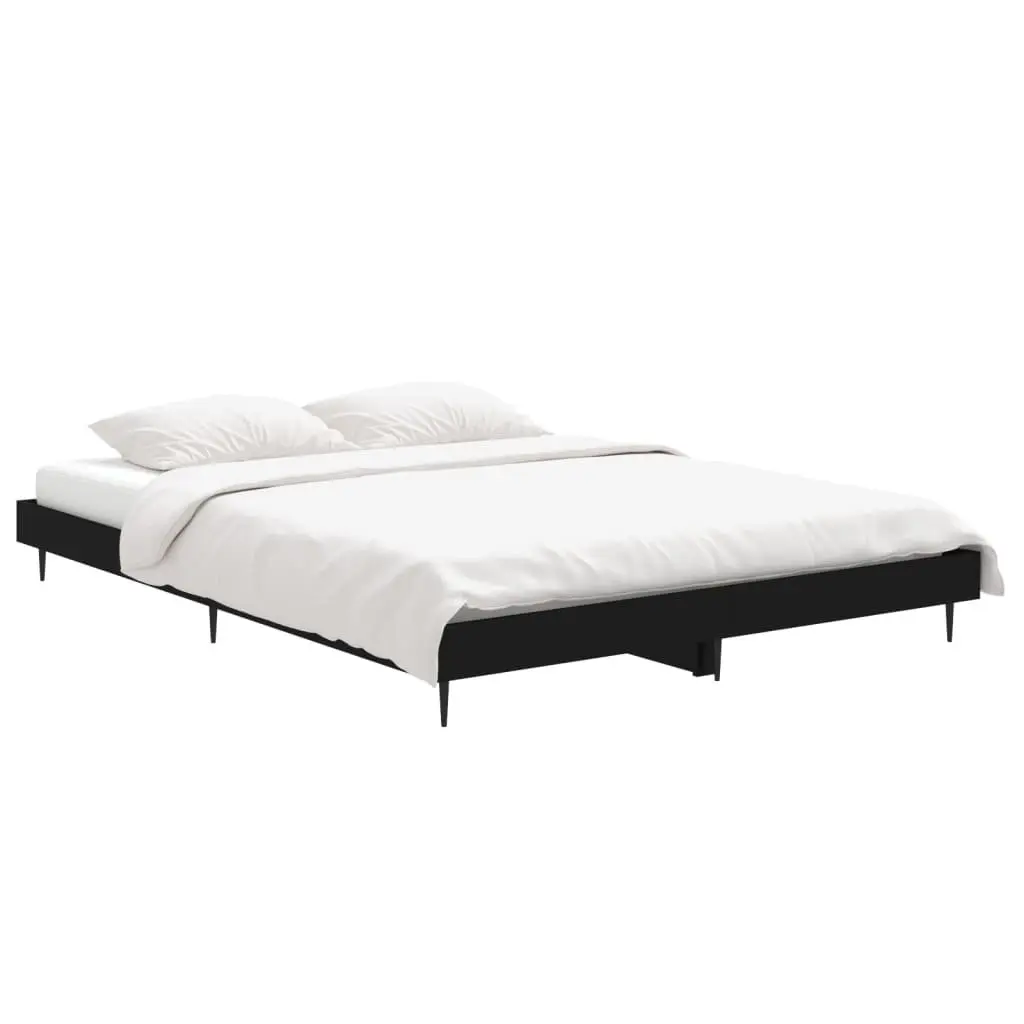 Bed Frame Black Engineered Wood 135x190 cm Slatted Base Metal Legs