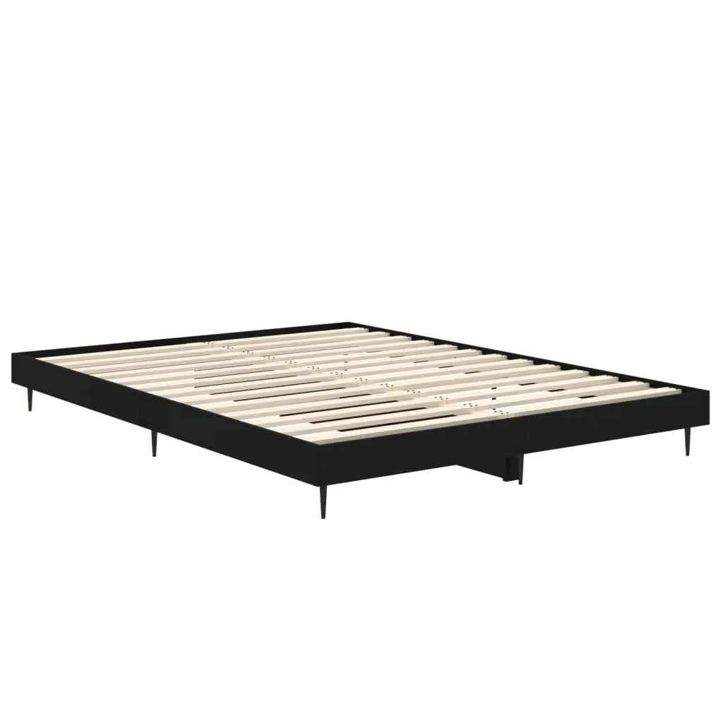 Bed Frame Black Engineered Wood 135x190 cm Slatted Base Metal Legs