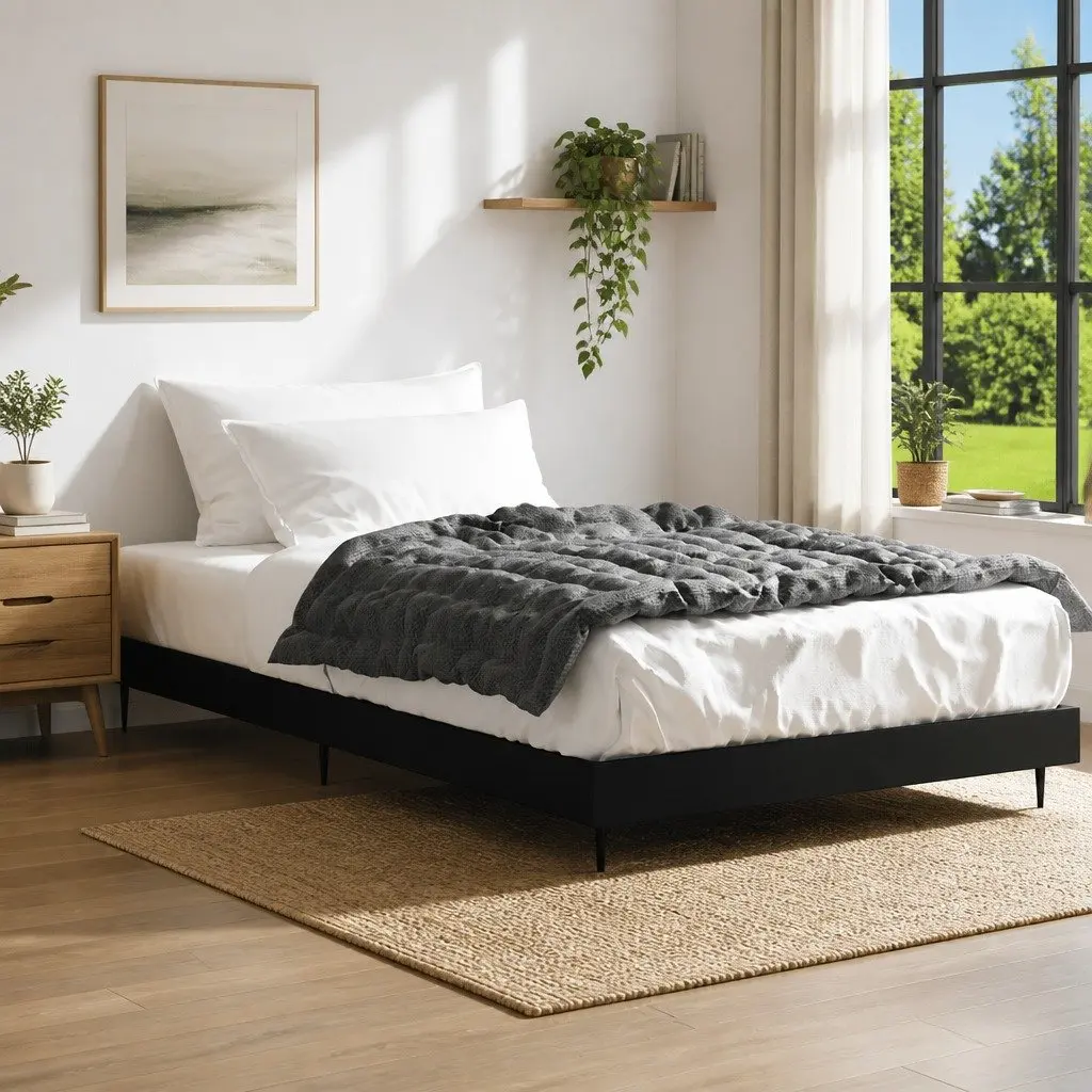 Bed Frame Black Engineered Wood 90x190 cm Slatted Base Metal Legs