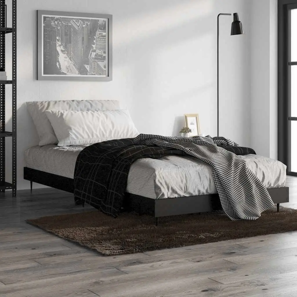 Bed Frame Black Engineered Wood 90x190 cm Slatted Base Metal Legs