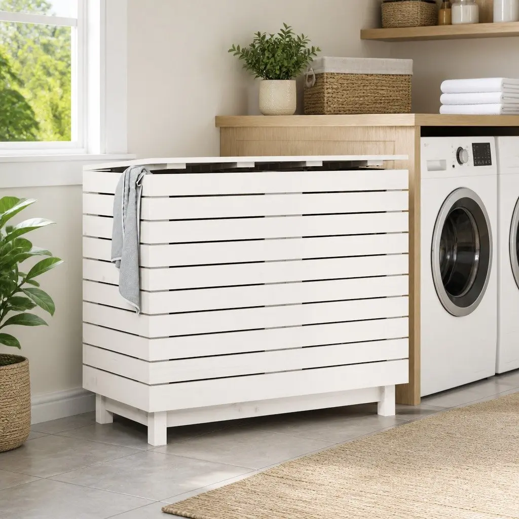 White Wooden Laundry Basket with Lid Storage Hamper Solid Pine Wood Home
