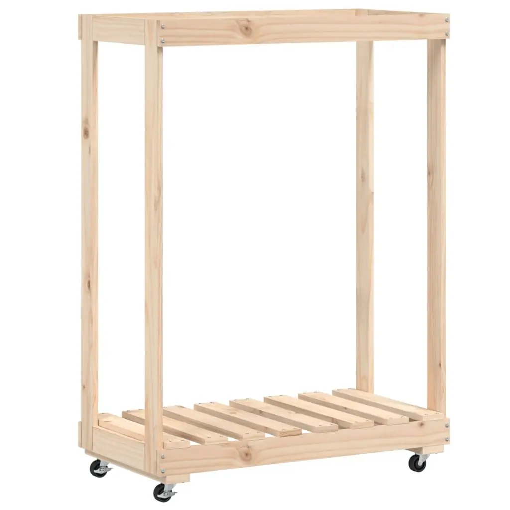 Wooden Log Holder with Wheels Brown Solid Pine Firewood Storage Rack 76.5 x 40 x 108 cm