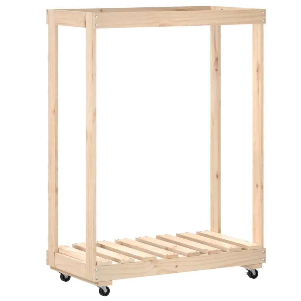 Wooden Log Holder with Wheels Brown Solid Pine Firewood Storage Rack 76.5 x 40 x 108 cm