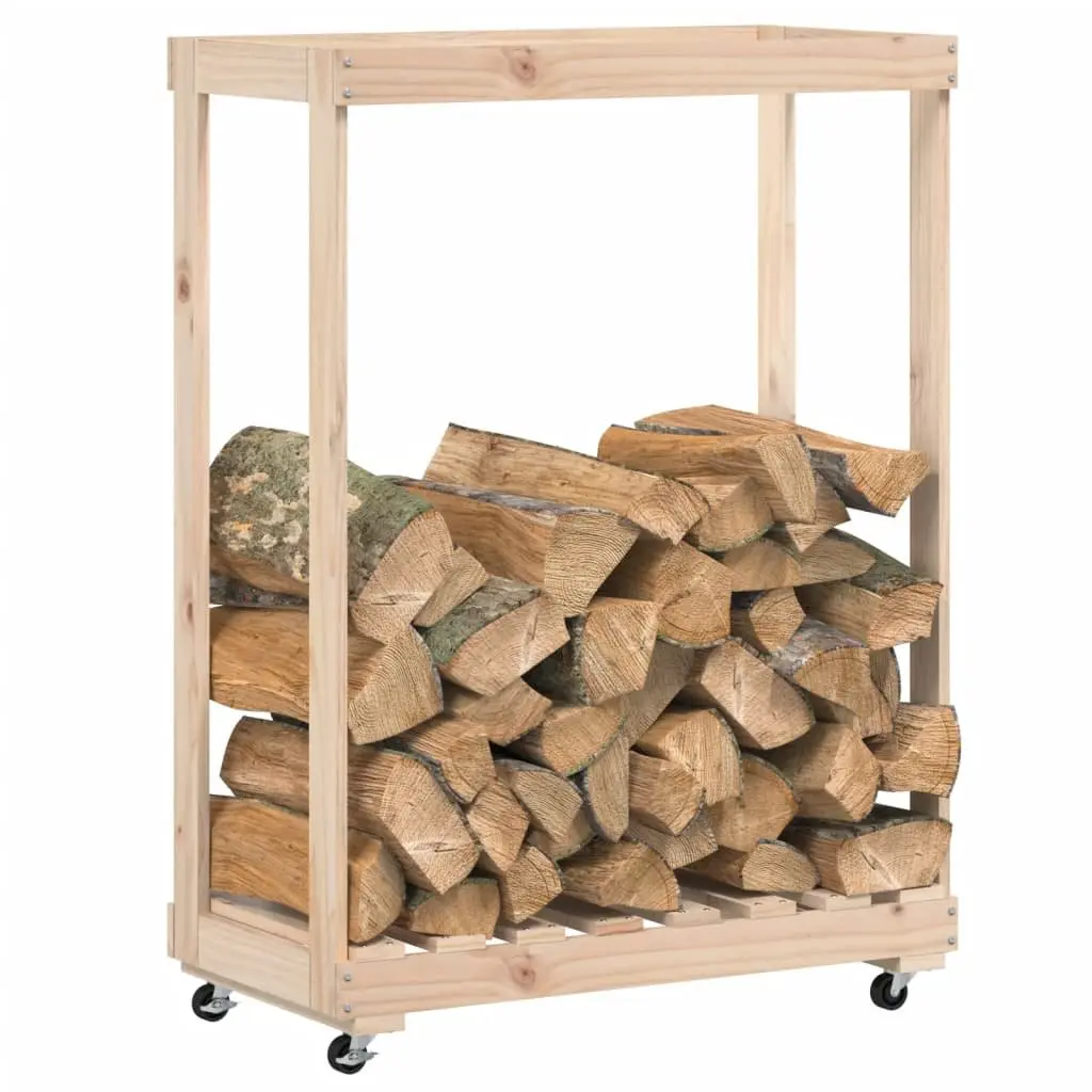 Wooden Log Holder with Wheels Brown Solid Pine Firewood Storage Rack 76.5 x 40 x 108 cm