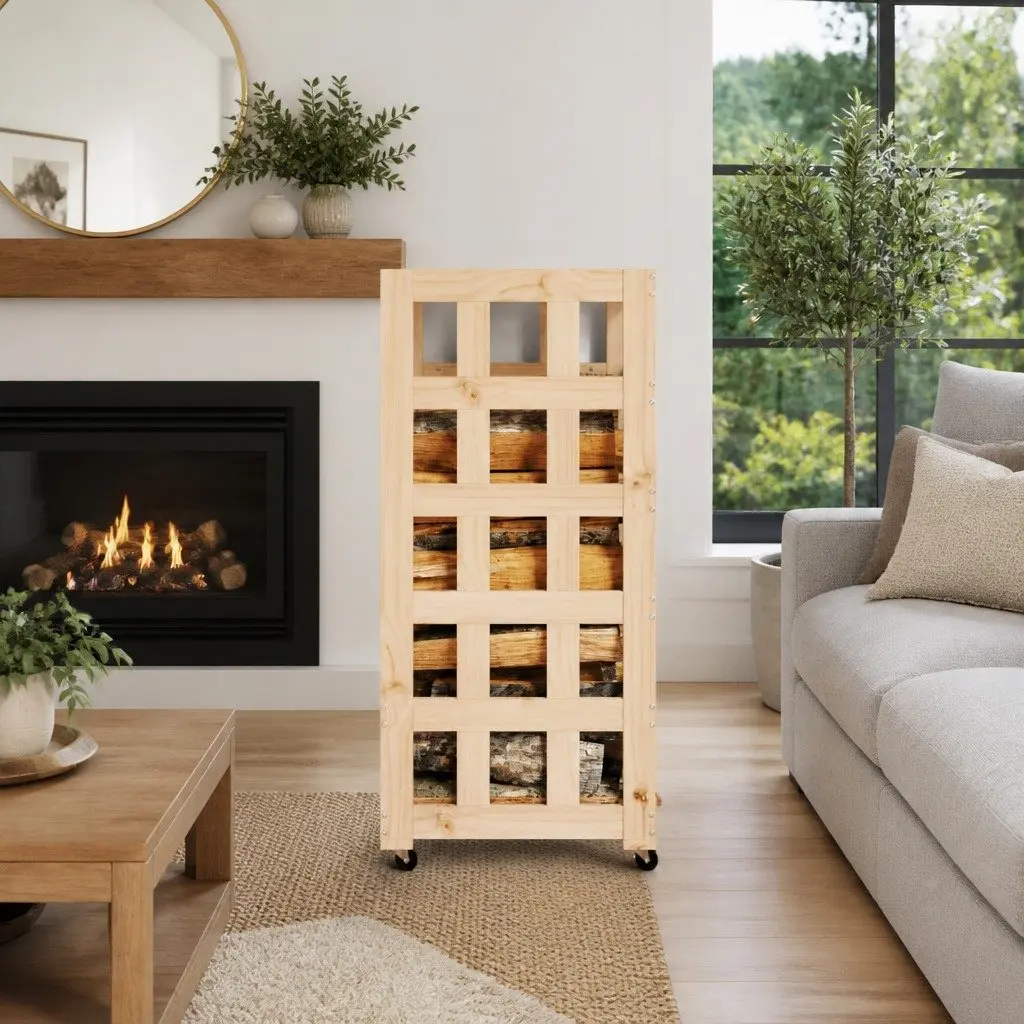 Wooden Log Holder with Wheels Solid Pine Firewood Storage Rack 40x49x110cm