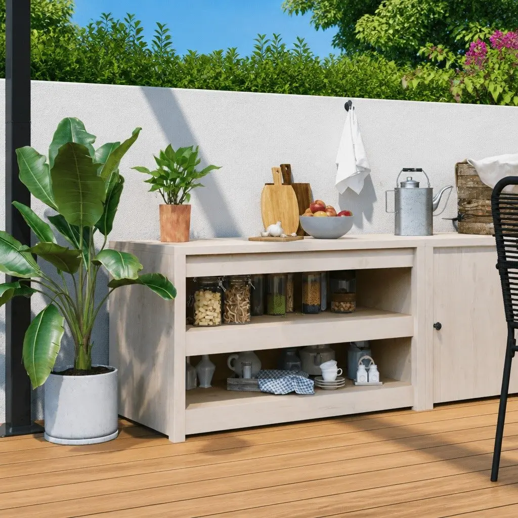 Outdoor Kitchen Cabinet White Solid Pine Wood 106W x 55D x 64H cm