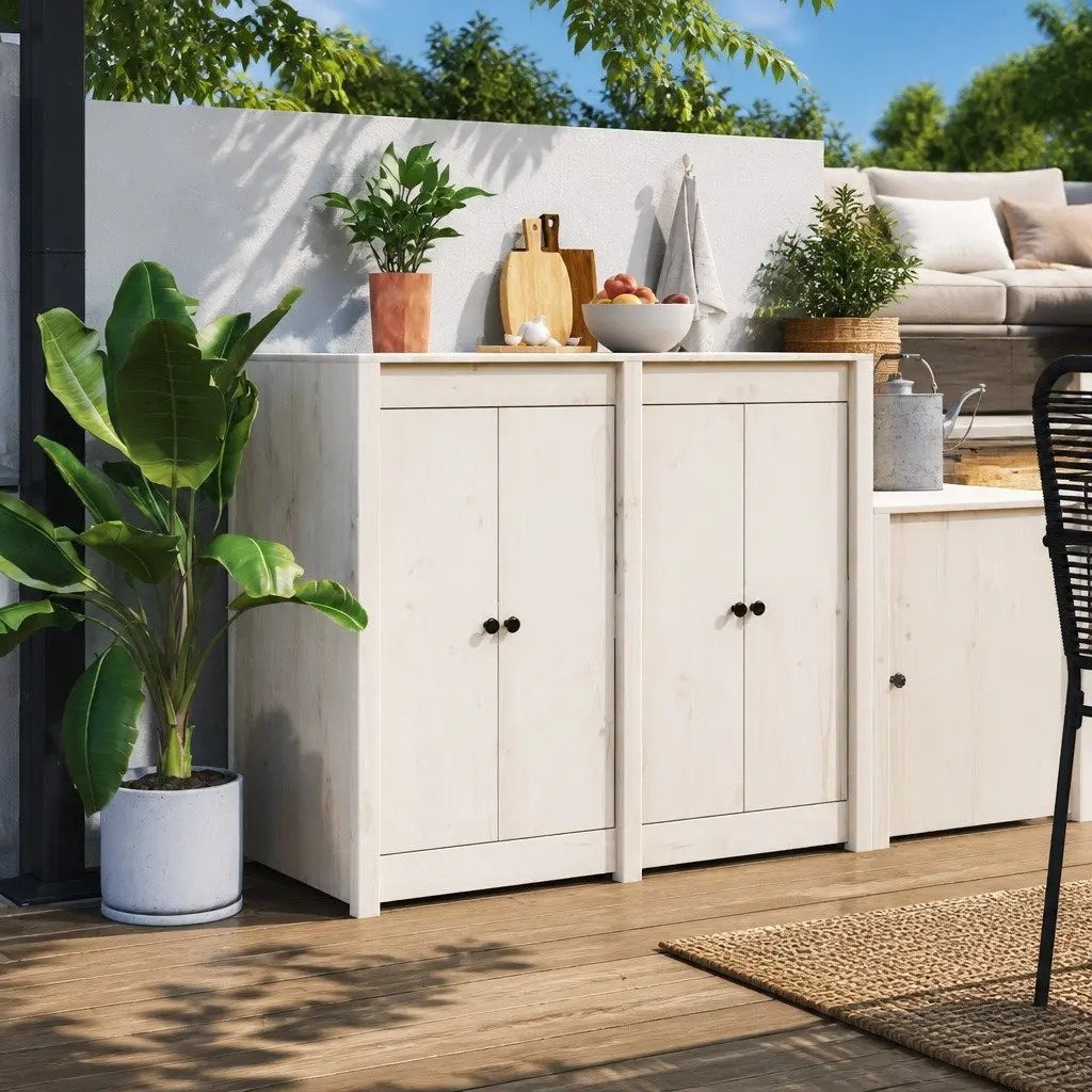 Solid Pine Wood Outdoor Cabinet Doors White Flush Mount 50x9x82cm Pair