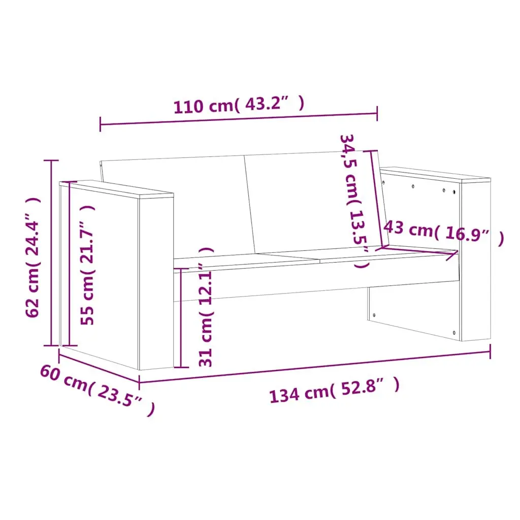 Garden Sofa Wooden 2-Seater Outdoor Furniture with Armrests Backrest