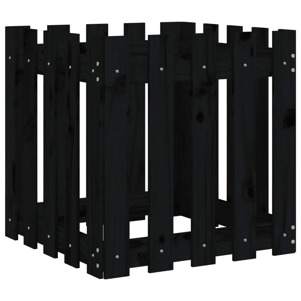 Wooden Garden Planter with Fence Design Black 50x50x50cm Deep Plant Box Outdoor