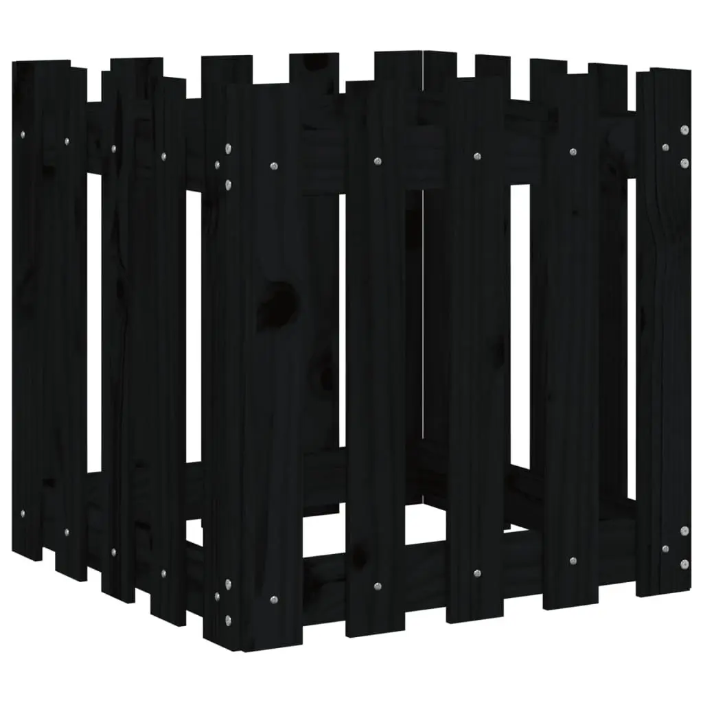 Wooden Garden Planter with Fence Design Black 50x50x50cm Deep Plant Box Outdoor