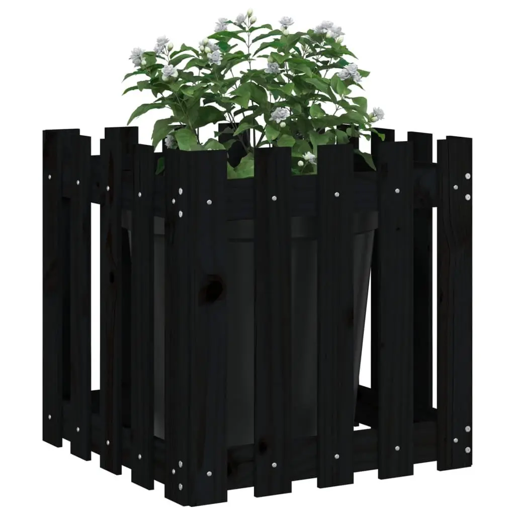 Wooden Garden Planter with Fence Design Black 50x50x50cm Deep Plant Box Outdoor