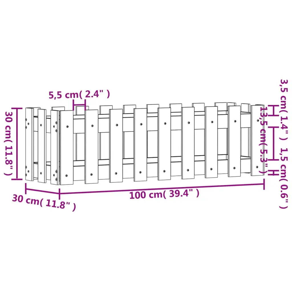 Garden Raised Bed with Fence Design 100x30x30 cm Solid Wood Pine Planter Box