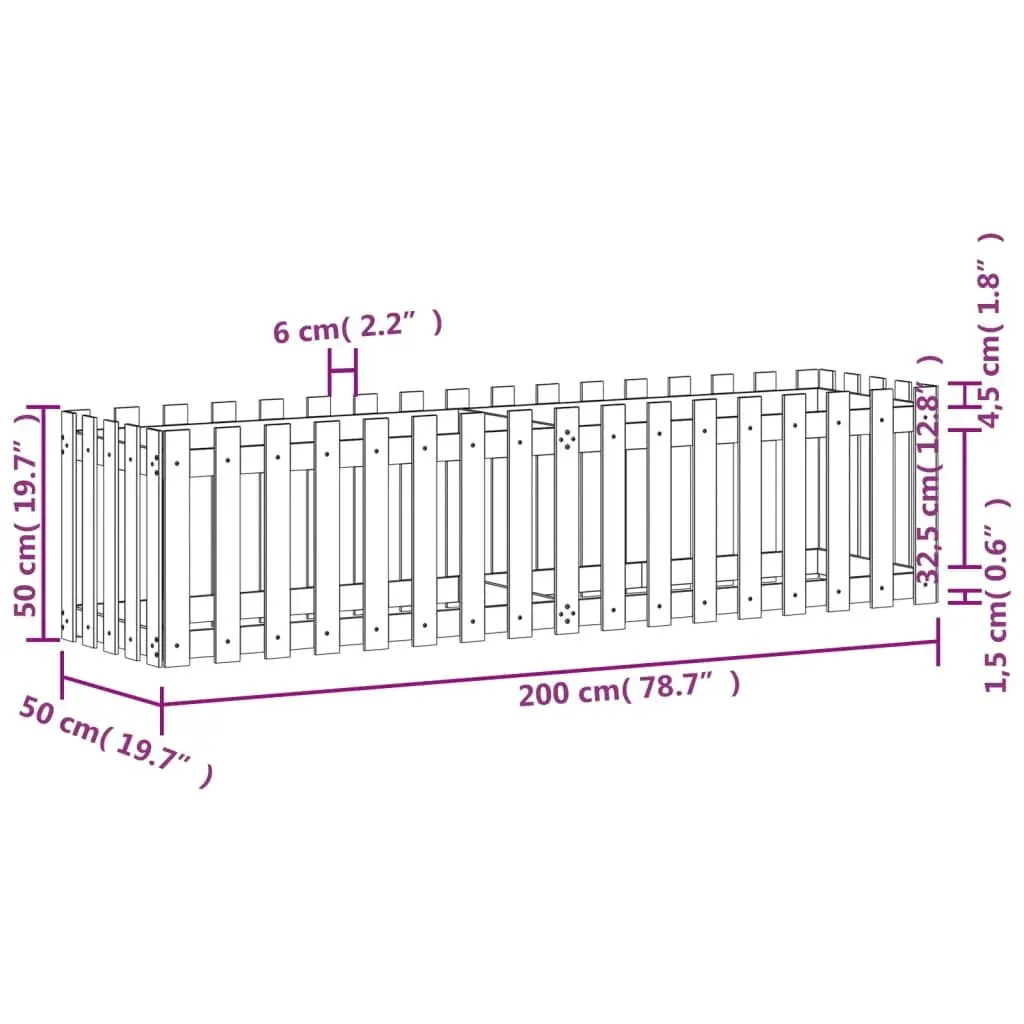 Garden Raised Bed with Fence Design 200x50x50cm Solid Pine Wood Planter Box