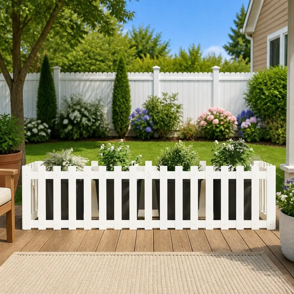 Garden Raised Bed White 200x50x50cm Fence Design Solid Pine Wood Planter Box