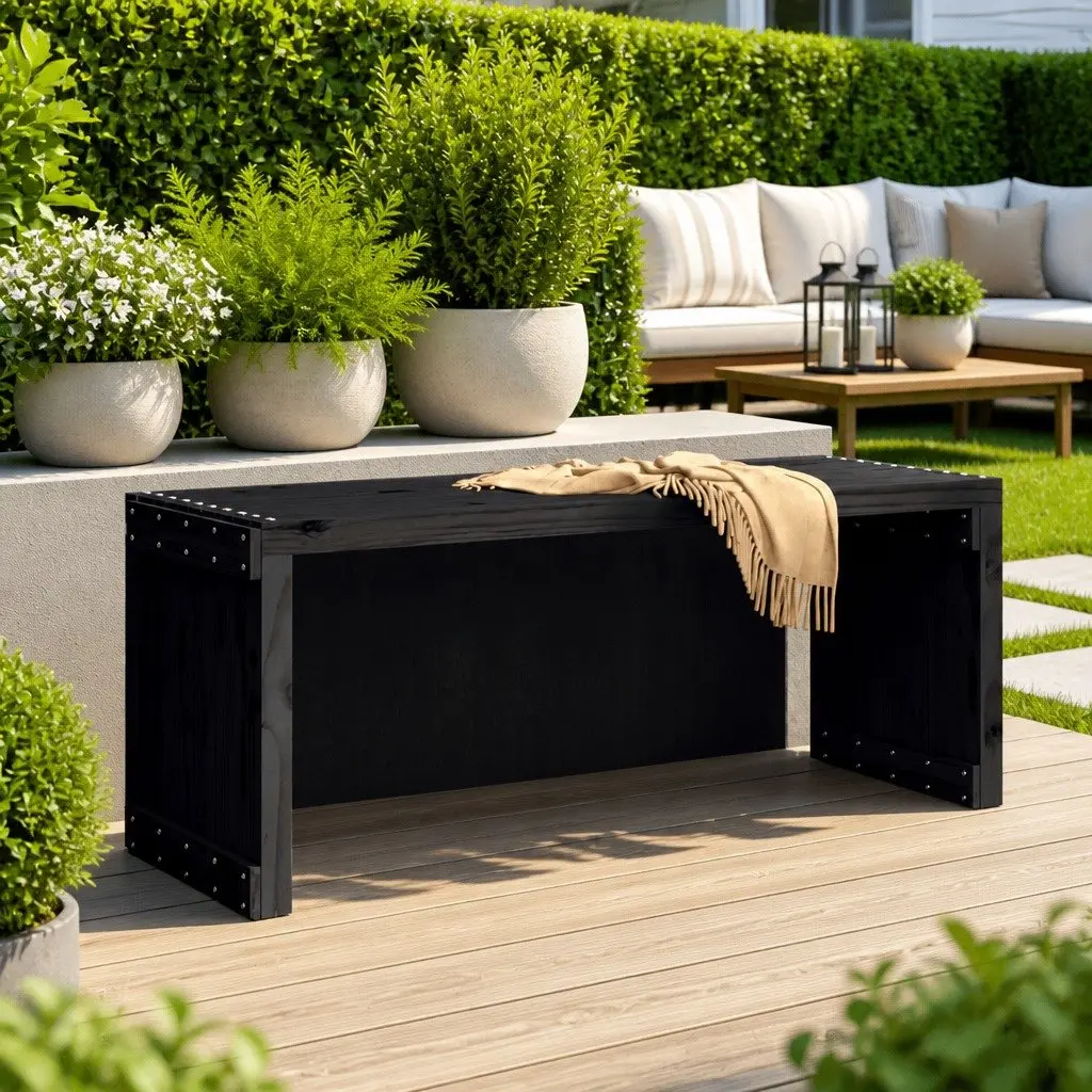 Garden Bench Extendable Solid Pine Wood Outdoor Seating Black 212.5L x 40.5W x 45H cm
