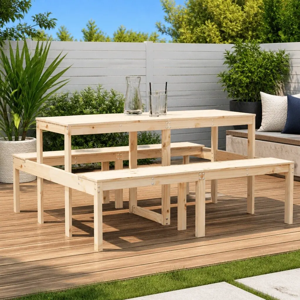 Picnic Table Solid Pine Wood Brown 160x134x75 cm Outdoor Garden Dining Bench
