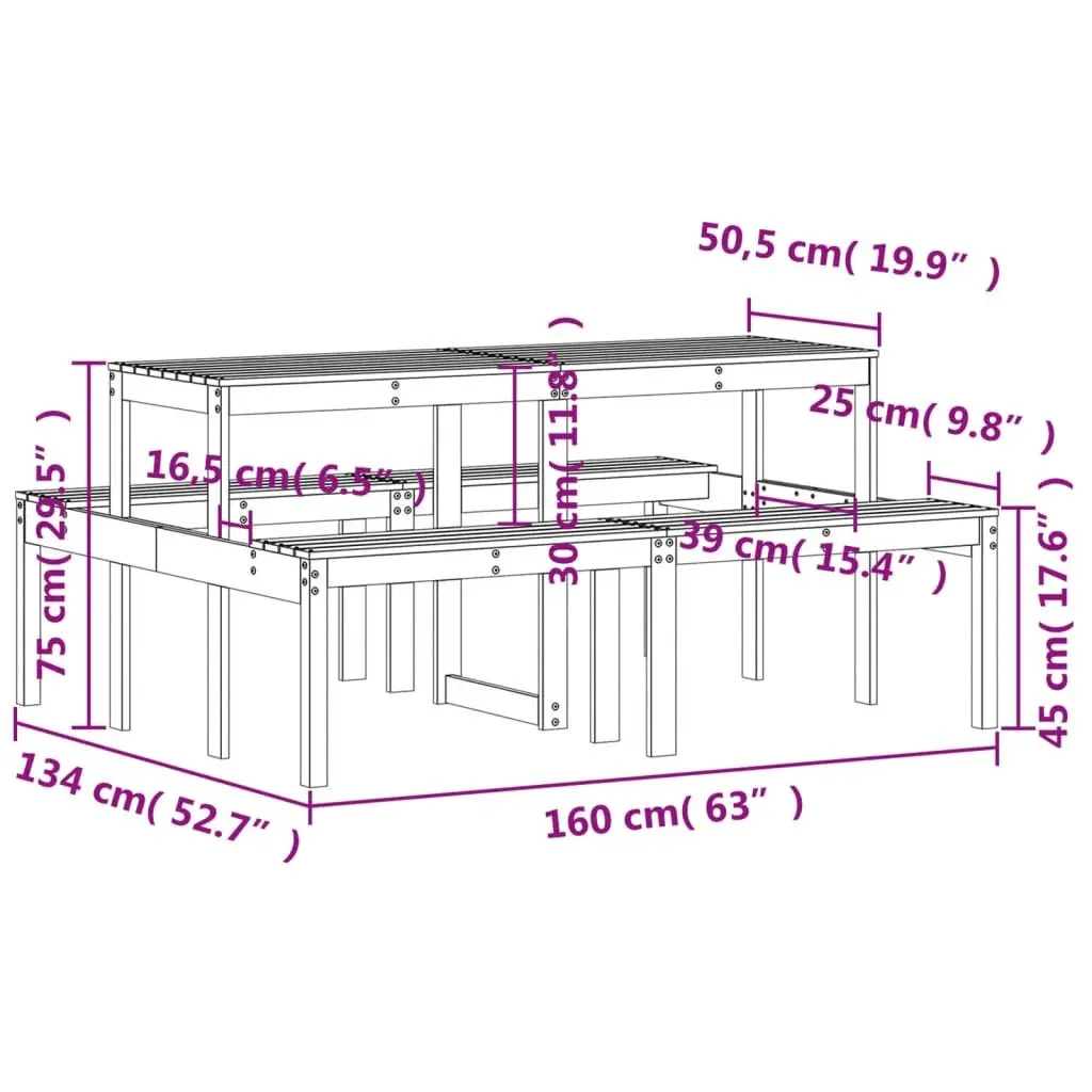 Picnic Table Solid Pine Wood Brown 160x134x75 cm Outdoor Garden Dining Bench