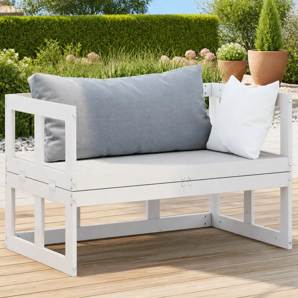 Garden Sofa Bench Extendable White Solid Wood Pine Outdoor Patio Seating