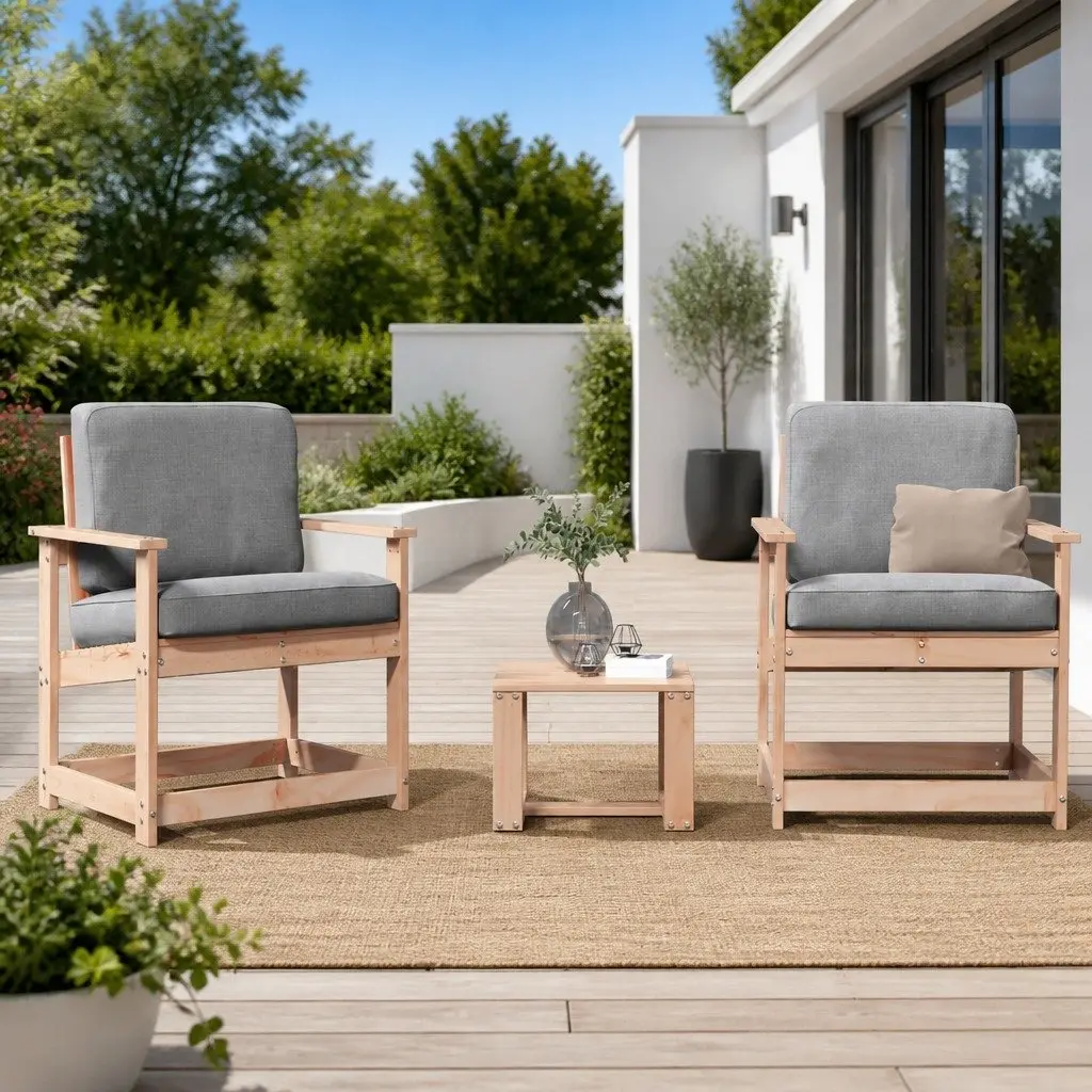 3 Piece Garden Lounge Set Solid Douglas Wood Outdoor Patio Seating with Armrests and Backrest