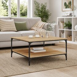 Coffee Table with Storage Shelves Brown Living Room Side Table Engineered Wood