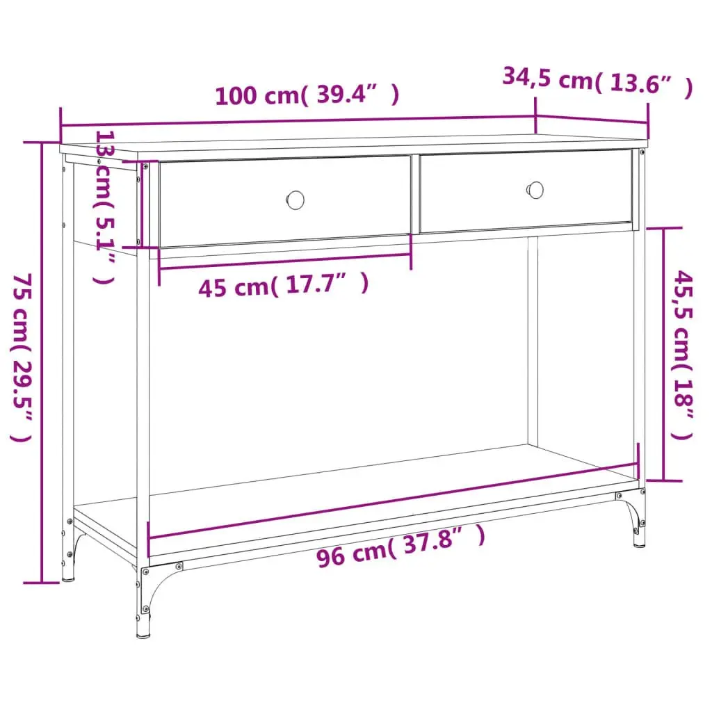 Console Table Engineered Wood Metal Frame Brown 100 x 34.5 x 75 cm