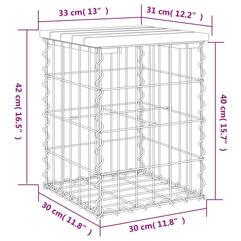 Garden Bench Outdoor Seating Brown Impregnated Pinewood 33x31x42cm with Galvanised Steel Gabion Basket