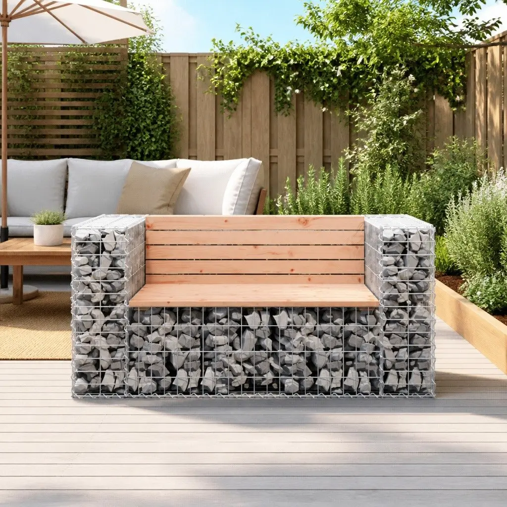 Garden Bench Gabion Design Solid Wood Outdoor Seating 143x71x65.5cm