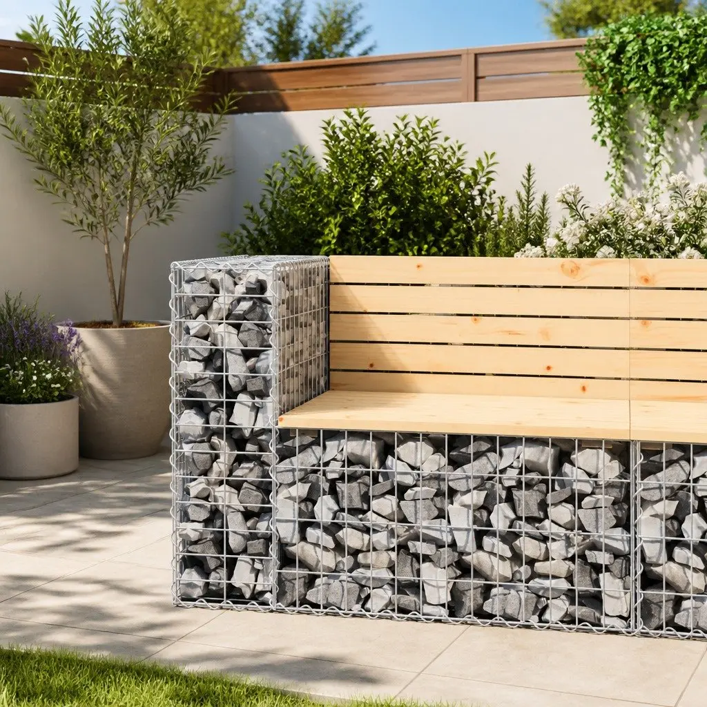 Garden Bench Gabion Design Outdoor Seating Solid Pinewood Natural Brown