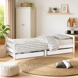 Kids Bed Frame with Storage Drawers White Single Toddler Wooden Slat Base