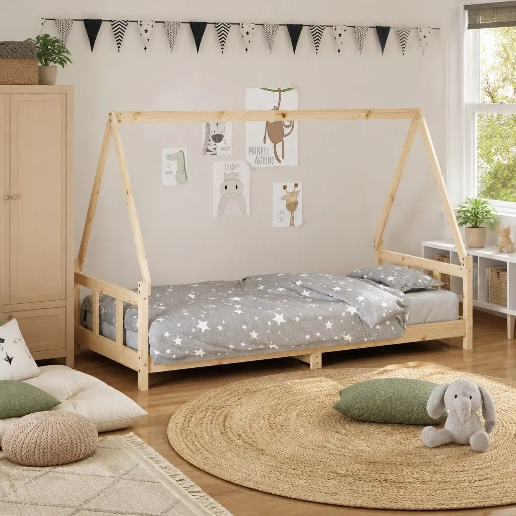 Kids Bed Frame 90x190 cm Solid Wood Pine House Design Low Profile Toddler