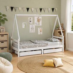 Kids Bed Frame with Storage Drawers House Design White Solid Wood Single Bed