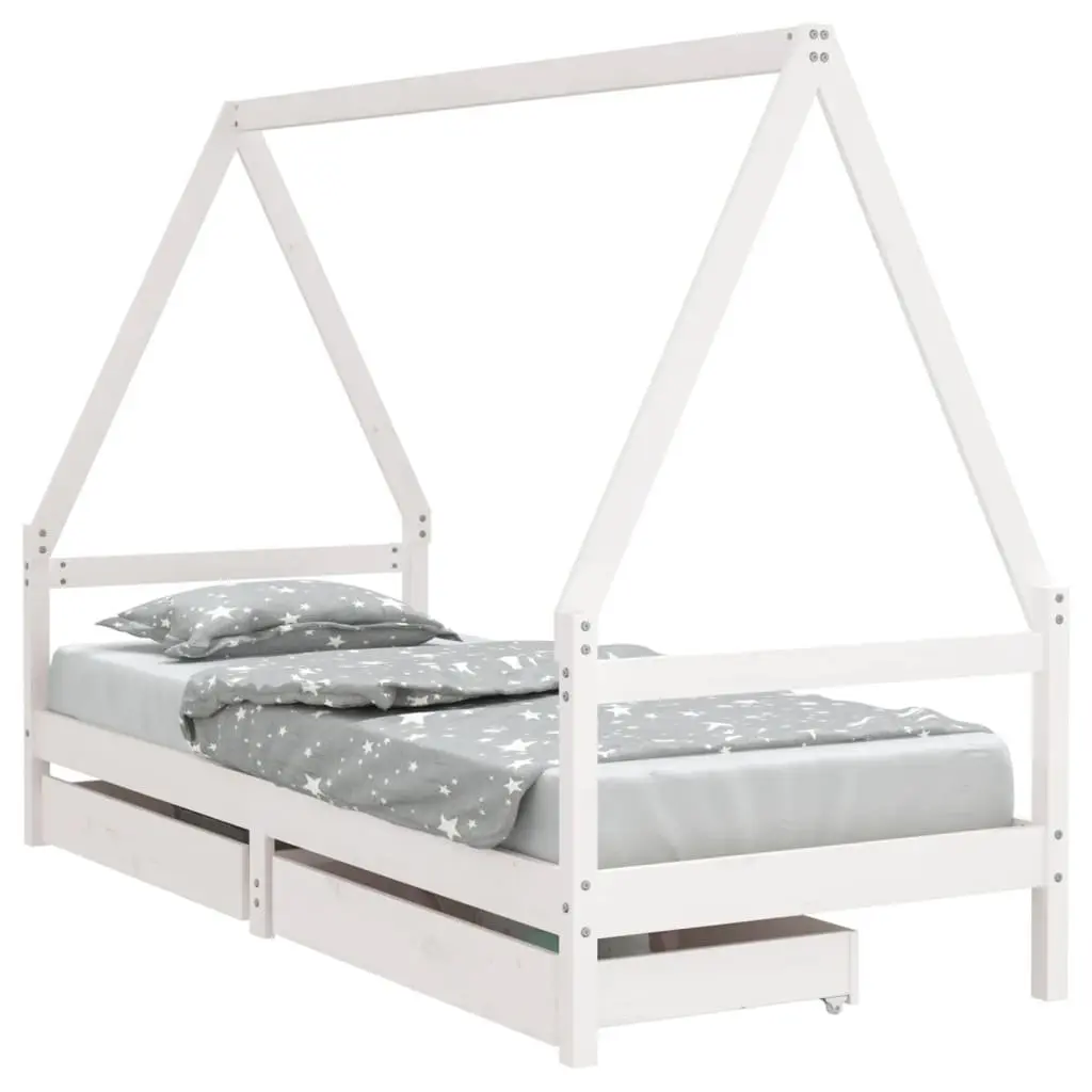 Kids Bed Frame with Storage Drawers House Design White Solid Wood Single Bed